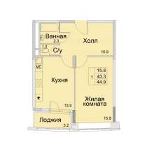 1-к квартира, улица Советская, дом 1, площадь 44,9, этаж 8, в Королёве