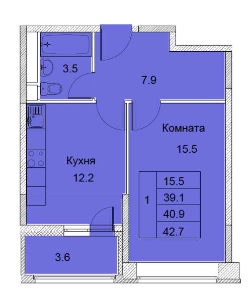 1-к квартира, улица Советская, дом 6, площадь 40,9, этаж 15