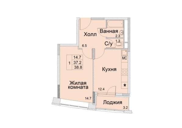 1-к квартира, улица Советская, дом 1, площадь 38,8, этаж 10