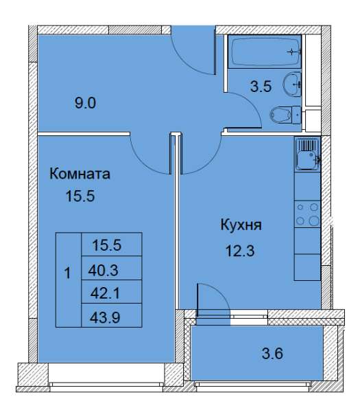1-к квартира, улица Советская, дом 6, площадь 42,1, этаж 9